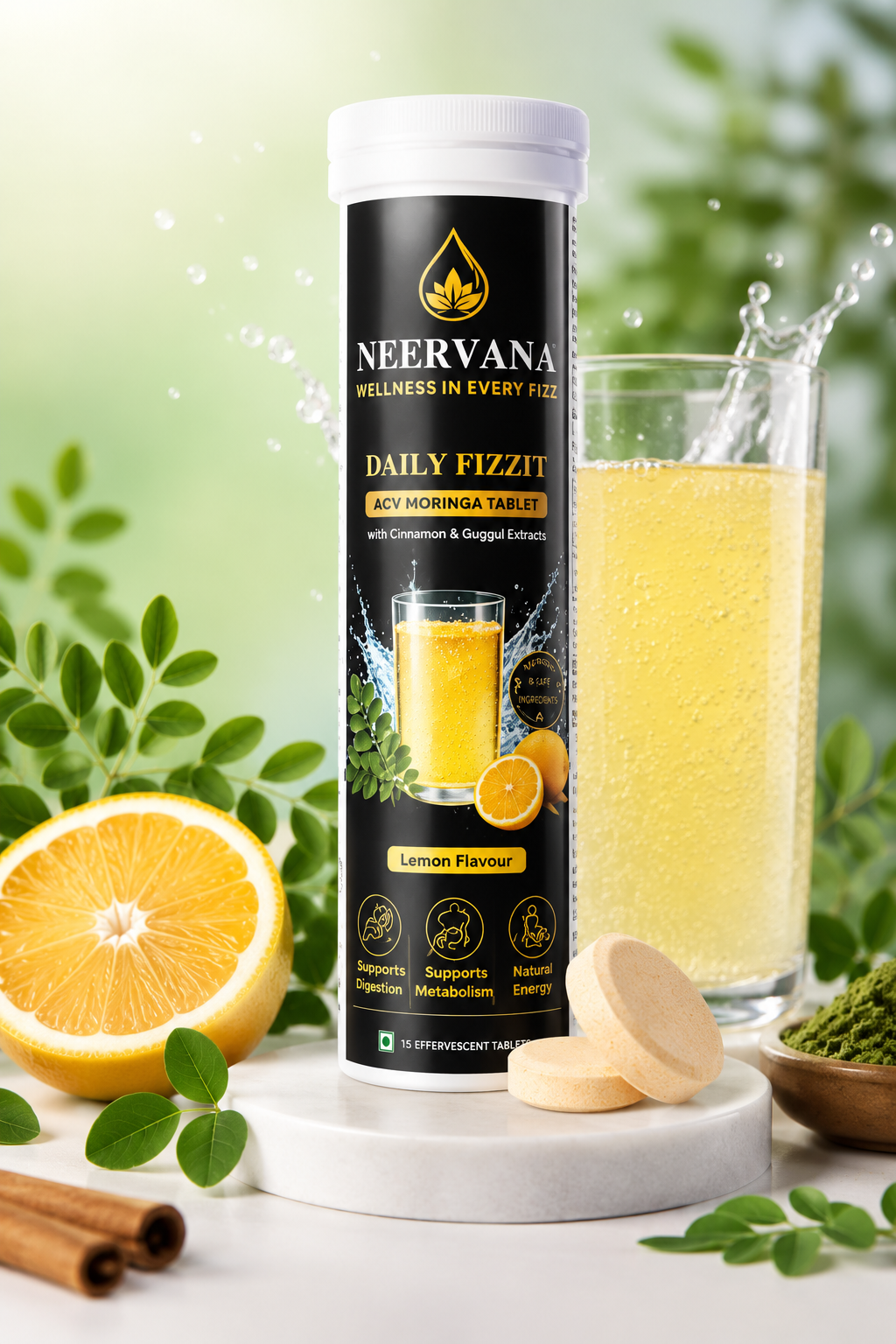 Neervana Daily Fizzit | ACV & Moringa Effervescent Tablets (Lemon Flavor) - 15 Tablets